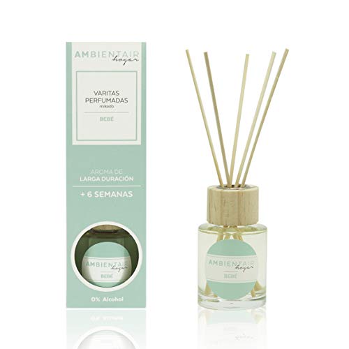 Ambientair Hogar. Difusor de varillas perfumadas. Ambientador Mikado Colonia Infantil, Bebé. Difusor 50 ml con palitos de ratán. Ambientador sin alcohol para casa.