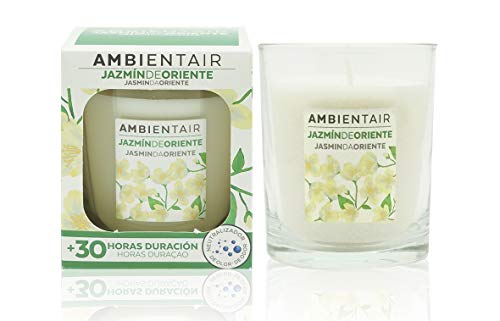 Ambientair. Vela aromática de Jazmín. Vela perfumada con Cera Vegetal y Perfume Natural con una duración Estimada de 30 Horas. Disfruta de la aromaterapia en tu casa con Esta Vela en Vaso de Cristal.