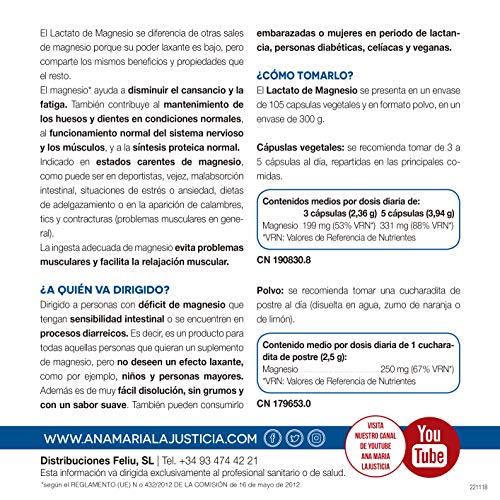 Ana Maria Lajusticia - Lactato de magnesio – 300 gr. Disminuye el cansancio y la fatiga, mejora el funcionamiento del sistema nervioso. Apto para veganos. Envase para 120 días de tratamiento.