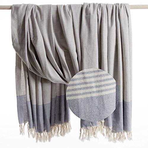 ANATURAS Toalla de Playa - de Hammam 180x240cm TRAVELER | Prelavado - Oeko-TEX® - Algodón Orgánico Peinado | Toalla Hammam extra grande - Fular - manta - colcha - para la playa XXL (Mezclilla azúl)