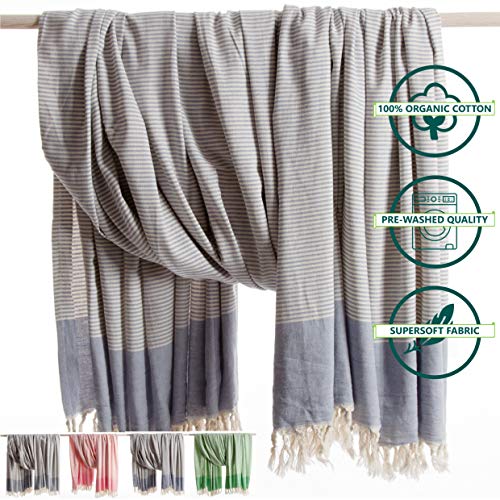 ANATURAS Toalla de Playa - de Hammam 180x240cm TRAVELER | Prelavado - Oeko-TEX® - Algodón Orgánico Peinado | Toalla Hammam extra grande - Fular - manta - colcha - para la playa XXL (Mezclilla azúl)