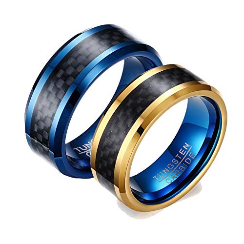 AnazoZ 2PCS Anillo Compromiso Pareja Anillos Tungsteno Parejas Anillo Compromiso Pareja Oro Azul Negro Anillo Fibra de Carbon 8mm Talla Mujer 15 + Hombre 20
