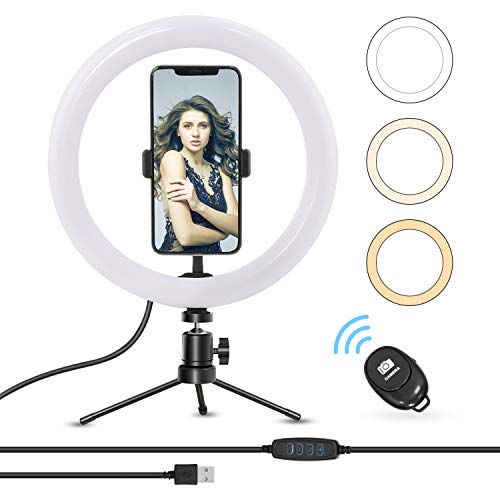 Anillo de luz, Earsun Aro de luz para Movil con Trípode y Control Remoto Bluetooth, 3 Modos de luz Regulables & 8 Niveles de Brillo para TIK Tok, Maquillaje, Transmisión en Vivo, Vlog, Fotografía