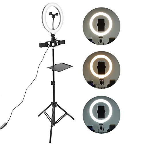 Anillo de luz LED para selfies de 10 pulgadas con soporte para trípode, bandeja y soporte para teléfono, luz LED de escritorio para selfies regulable de 3 colores para selfies, maquillaje, grabación d