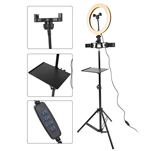 Anillo de luz LED para selfies de 10 pulgadas con soporte para trípode, bandeja y soporte para teléfono, luz LED de escritorio para selfies regulable de 3 colores para selfies, maquillaje, grabación d