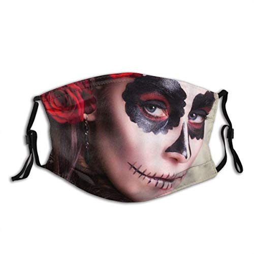ANIWUEVU Sugar Skull Girl Skeleton Pretty Woman with Pink Red Rose Flower Day of The Dead Windproof Anti Pollution Face Shields Scarf Washable and Reusable Headbands Headwear