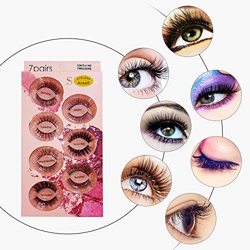 Anself 3D pestañas postizas 7 pares Diferentes estilos Pestañas postizas Banda invisible Natural Largo Grueso Pestaña negra Tira completa Reutilizable