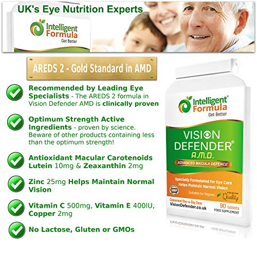 AREDS2 VISION DEFENDER AMD – Fórmula AREDS 2 conveniente para veganos de una vez al día (suministro para 3 meses – 90 tabletas), Suplemento nutricional y de salud para ojos de alta calidad con Luteína, Multivitaminas y Minerales por Intelligent Formula