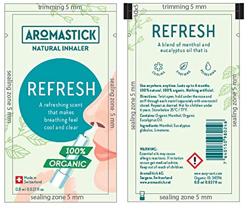 Aromastick Refresh - Mejora la respiración, haciéndola fresca y clara - Inhalador terapéutico natural - Aromaterapia - 100% aceites esenciales puros orgánicos, bio, Mentol, Eucalipto
