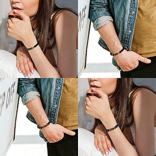 Aroncent Pulsera Budista de Buena Suerte con Cuentas de Lava Roca Piedra de Ojo de Tigre Brazalete Rezado Ajustable con Cabeza de Buda para Pareja 10mm 2PCS