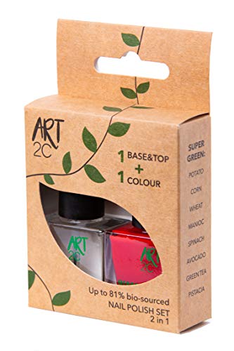 Art 2C - Esmalte de uñas puro con fórmula 85 % ecológica y vegana, paquete de 2 productos: 1 base/acabado y 1 esmalte en rojo, 2 x 9 ml