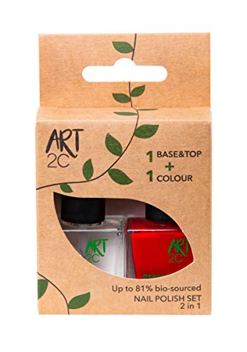 Art 2C - Esmalte de uñas puro con fórmula 85 % ecológica y vegana, paquete de 2 productos: 1 base/acabado y 1 esmalte en rojo, 2 x 9 ml