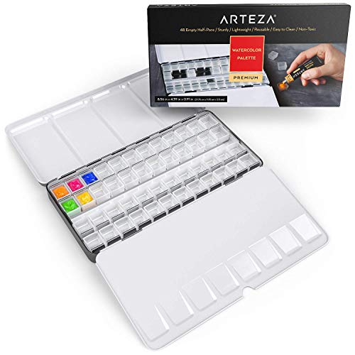 Arteza Estuche de pinturas vacío con recipientes para la paleta de colores | 48 piezas para rellenar con pintura acrílica, óleo o acuarela | Ideal para artistas y estudiantes viajeros