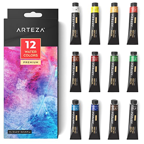 Arteza Tubos de acuarela líquida de calidad | 12 colores de acuarela | Tubos de 11,8 ml | Kit de iniciación para pintar acuarelas