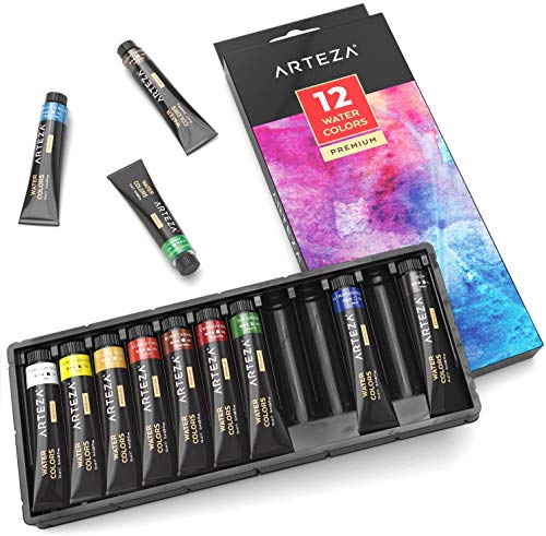 Arteza Tubos de acuarela líquida de calidad | 12 colores de acuarela | Tubos de 11,8 ml | Kit de iniciación para pintar acuarelas