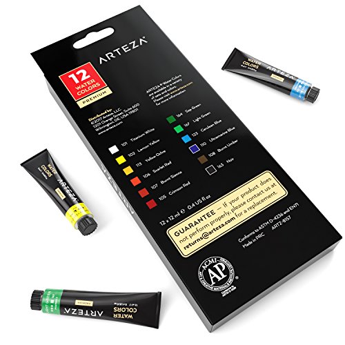 Arteza Tubos de acuarela líquida de calidad | 12 colores de acuarela | Tubos de 11,8 ml | Kit de iniciación para pintar acuarelas