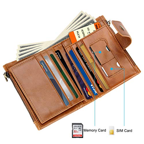 ARVOK Cartera para Hombre Bloqueo RFID Cartera para Caballero de Cuero Genuino Suave con Cadena con Bolsillo para Monedas Carteras pequeñas para Hombre (marrón)