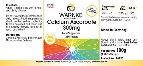 Ascorbato de calcio 300mg – Vitamina C no ácida – Vegana – 250 comprimidos