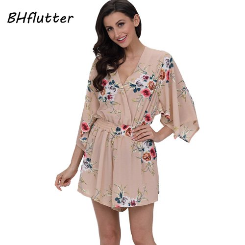 ASGHILL Boho Traje de chifón Estampado Floral Mujer Monos Blancos Casuales Novedades Casco Nuevo Guardapolvos de Verano Profundo con Cuello en v Juego Trajes, Color Caqui, L
