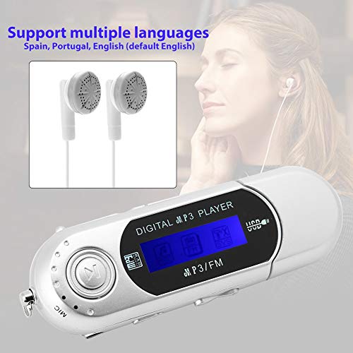 ASHATA Mini Reproductor de mp3,USB 2.0 Music Player con Auriculares,Radio FM Apoyo 32 GB Tarjetas Micro SD/TF,Admite Varios Idiomas de España/Portugal/Inglés (Plata)