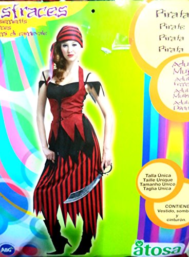 Atosa Disfraz de Pirata Rojo y Negro para Mujer. Talla única. Incluye Vestido, Pañuelo y Cuerda/Cinturón.