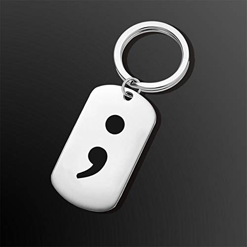 AueDsa Llavero Acero Inoxidable Llaveros Mujer Rectangular Placa Militar Grabado Signo de Punto y Coma Plata Llavero para Mujer