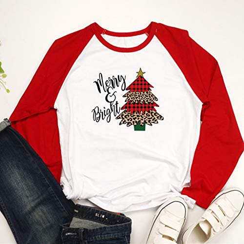 Auifor Casual de Las señoras de Navidad Costura Costura impresión de la Letra de Manga Larga Joker Camiseta de la Tapa（Rojo/Medium）