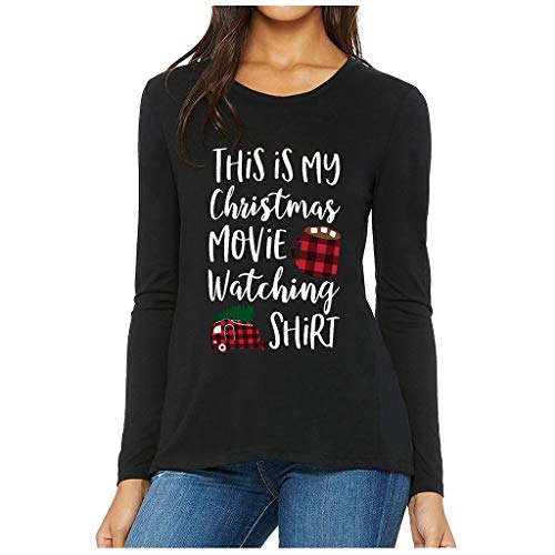 Auifor Damas Letra de la impresión Ocasional de la Manga Llena del suéter del O-Cuello del suéter de la Calle Tapa Floja(C-Negro/Medium)