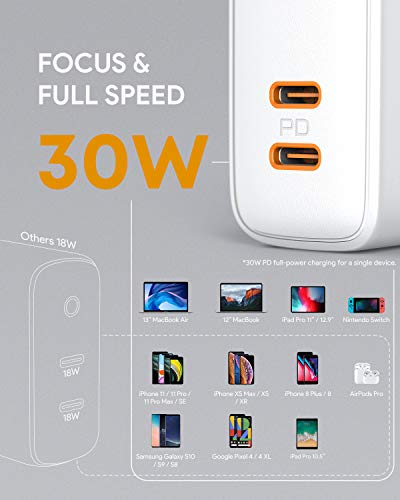 AUKEY Cargador USB C con Power Delivery 3.0 & Dynamic Detect, Cargador con Power Delivery de 36W, Compatible con iPhone 11/11 Pro / 11 Pro MAX, Redmi Note 7, Xiaomi Mi 9, Huawei, MacBook Air y más