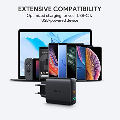 AUKEY USB C Cargador de Red con Dynamic Detect, 30W Cargador Móvil con Power Delivery 3.0 para iPhone 11 Pro / 11 Pro Max / 11, Galaxy S10 / Note9, Pixel 3 / 3XL, MacBook Air, Airpods Pro y más.