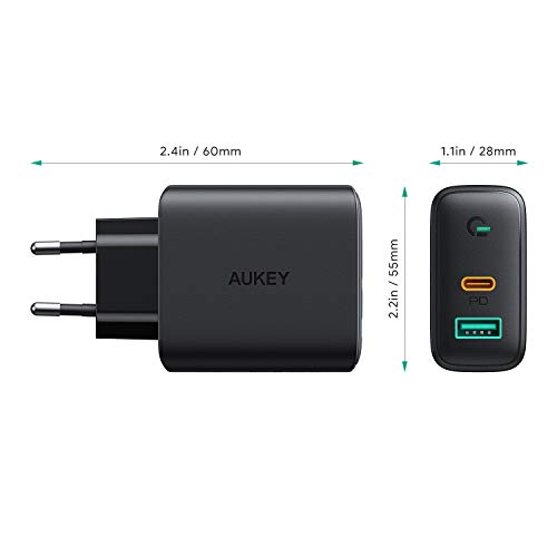 AUKEY USB C Cargador de Red con Dynamic Detect, 30W Cargador Móvil con Power Delivery 3.0 para iPhone 11 Pro / 11 Pro Max / 11, Galaxy S10 / Note9, Pixel 3 / 3XL, MacBook Air, Airpods Pro y más.