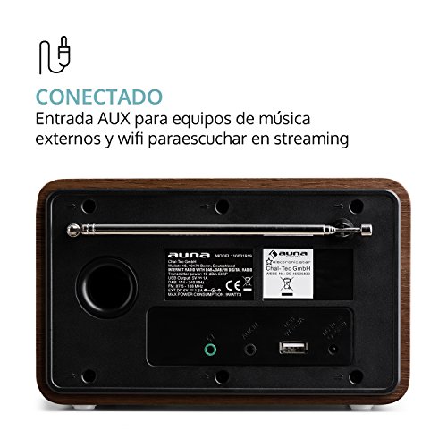 auna Worldwide Mini - Radio Internet, Wi-Fi, USB, MP3, Entrada AUX, Dab/Dab+/ FM, Función RDS, Alarma Dual, Snooze, Temporizador, Diseño Retro, Pantalla LCD con Hora y Fecha, Nogal