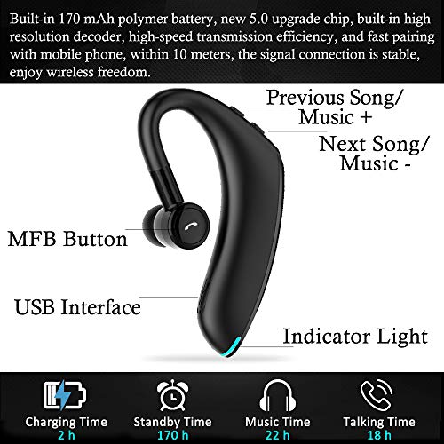 Auricular Bluetooth 5.0 Auricular Manos Libres, hasta 18-22 Horas de Tiempo de Funcionamiento para iPhone &Android, Auricular Inalámbrico con Cancelación de Ruido Durante Negocios/Oficina/Conducción