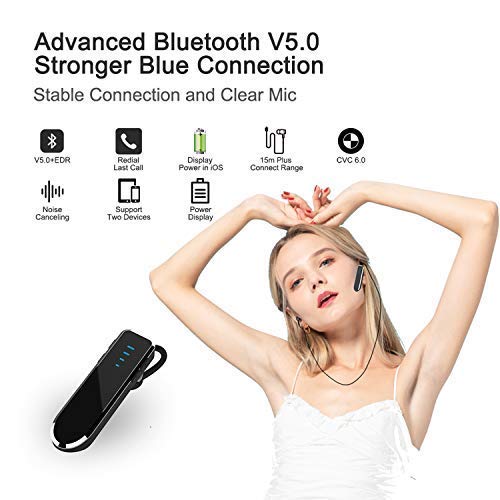 Auricular Bluetooth 5.0 Auriculares Manos Libres Reproducción las 24H /CVC 6.0 / Remarcación de un Botón Bluetooth Auriculares con Cancelación de Ruido para Automóviles ISO Samsung Android