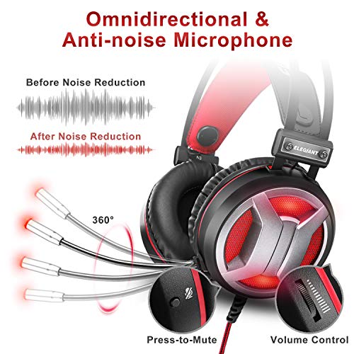 Auriculares Gaming, ELEGIANT Cascos Gaming PS4 con Micrófono 4D Sonido Estéreo Bass LED para PC PS4 Pro Xbox PS3 Ordenador Portátil Nintendo