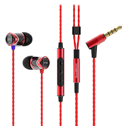 Auriculares internos con micrófono, SoundMAGIC Auriculares con Cable para teléfonos Inteligentes, Conector Universal de 3,5 mm, cancelación de Ruido, Graves potentes(E10C, Rojo)