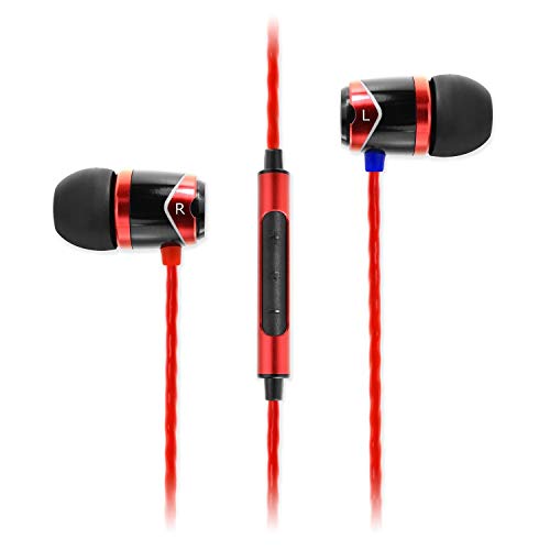 Auriculares internos con micrófono, SoundMAGIC Auriculares con Cable para teléfonos Inteligentes, Conector Universal de 3,5 mm, cancelación de Ruido, Graves potentes(E10C, Rojo)