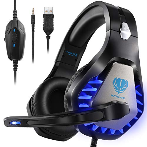 Auriculares para Juegos para PS4 Xbox One PC Auriculares con micrófono Luz LED con cancelación de Ruido sobre el oído Compatible con Nintendo Switch Games Laptop Mac PS3 (Negro Azul)