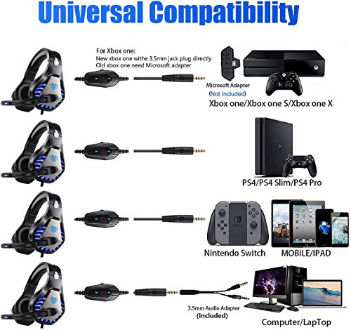 Auriculares para Juegos para PS4 Xbox One PC Auriculares con micrófono Luz LED con cancelación de Ruido sobre el oído Compatible con Nintendo Switch Games Laptop Mac PS3 (Negro Azul)
