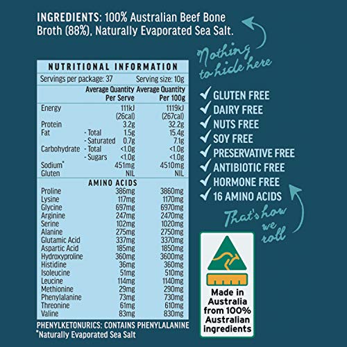 Australian Beef Bone Broth Concentrate- New 375 gram Jar- Build your immune system, gut health, bone + joint strength. Great for soups, stock beverage 37 Serves- Natural Flavor - Made in Australia