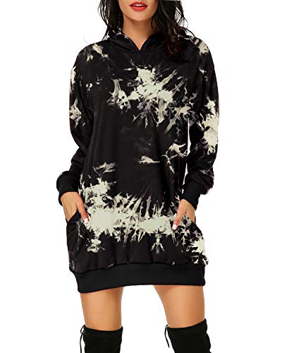 Auxo Mujer Sudadera con Capucha Talla Grande Sudadera Vestido Manga Larga Casual Tie Dye Hoodie Jersey Larga Negro S