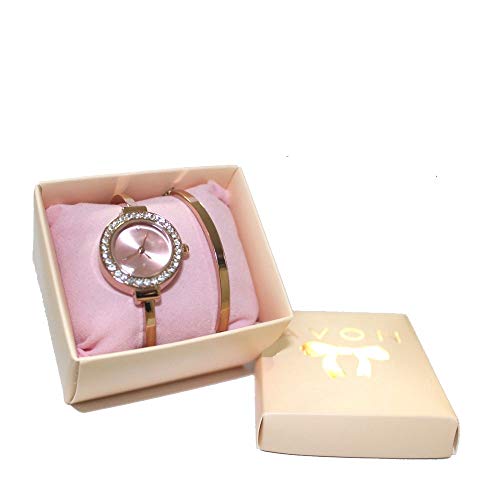 Avon Karrie - Reloj analógico de cuarzo y cristal con diamantes para mujer, color dorado y rosa