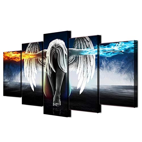 axqisqx 5 Piezas/Panel Decoración De Pared Pintura En Lienzo HD Impreso Arte De La Imágenes Modernas del Anime para El Hogar Ángel con Alas Chica del Diablo Carteles Marco
