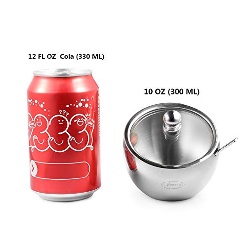 Azucarero Inclinado, [300 ML (10 OZ o 1,25 Cup)], Newness Cuenco de azúcar de Acero Inoxidable con Tapa de Cristal con Tapa de Apertura Oblique y azúcar Cuchara para casa y Cocina
