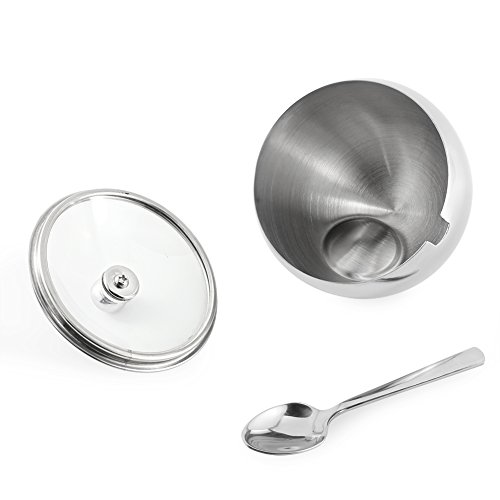 Azucarero Inclinado, [300 ML (10 OZ o 1,25 Cup)], Newness Cuenco de azúcar de Acero Inoxidable con Tapa de Cristal con Tapa de Apertura Oblique y azúcar Cuchara para casa y Cocina
