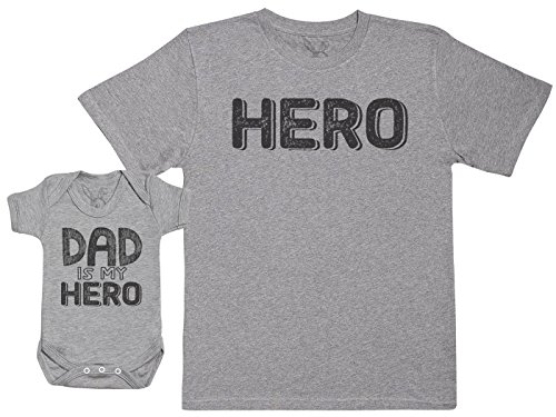 Baby Bunny MY Dad Is My Hero - Regalo para Padres y bebés en un Cuerpo para bebés y una Camiseta de Hombre a Juego - Gris - L & 0-3 Meses