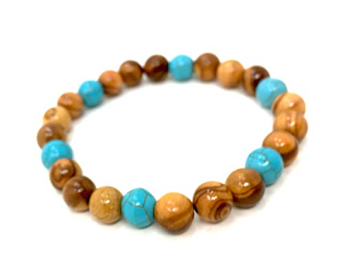 bagusto Pulsera Perlas de Madera de Olivo con Perlas turquesas de 8 mm, Hecha a Mano en Mallorca, Producto Natural, Banda elástica