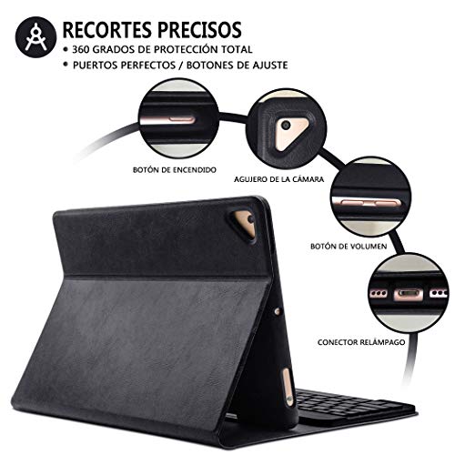 BAIBAO Funda Teclado para iPad 2018,Teclado para iPad Air 2/9.7 Bluetooth 7 Colores Retroiluminado Español Inalámbrico Incorporado para iPad 2018(6th Gen)/ iPad 2017/iPad Pro 9.7/iPad Air 2/1 (Negro)