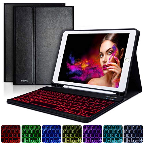 BAIBAO Funda Teclado para iPad 2018,Teclado para iPad Air 2/9.7 Bluetooth 7 Colores Retroiluminado Español Inalámbrico Incorporado para iPad 2018(6th Gen)/ iPad 2017/iPad Pro 9.7/iPad Air 2/1 (Negro)