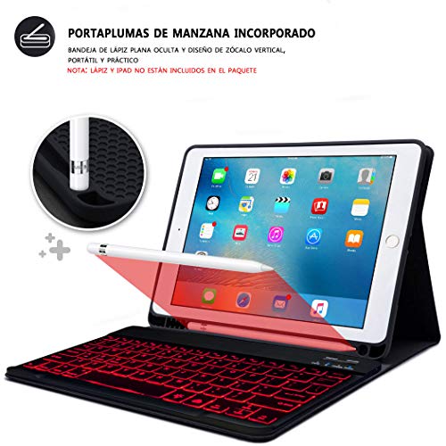 BAIBAO Funda Teclado para iPad 2018,Teclado para iPad Air 2/9.7 Bluetooth 7 Colores Retroiluminado Español Inalámbrico Incorporado para iPad 2018(6th Gen)/ iPad 2017/iPad Pro 9.7/iPad Air 2/1 (Negro)